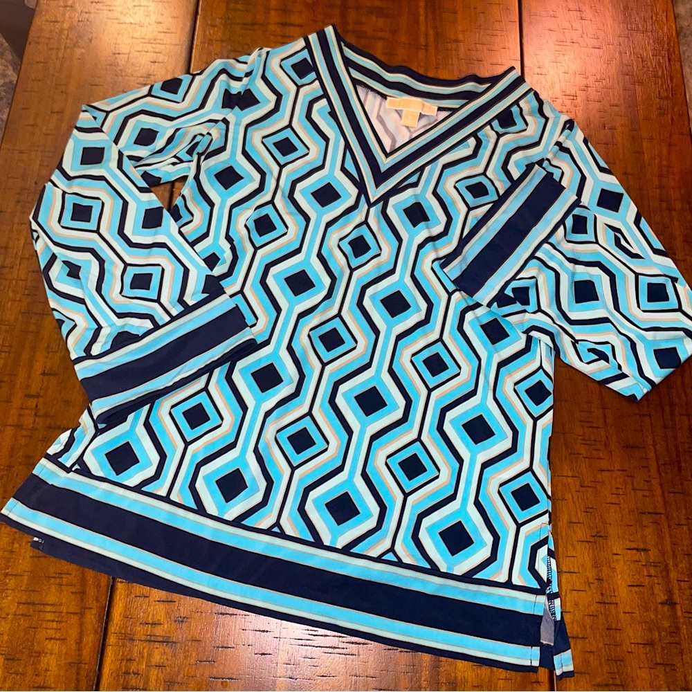 Michael Michael Kors Long Sleeve V Neck Blouse Blue & Black